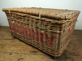 Vintage Wicker Swanage Laundry Basket leather straps Logs Storage 2