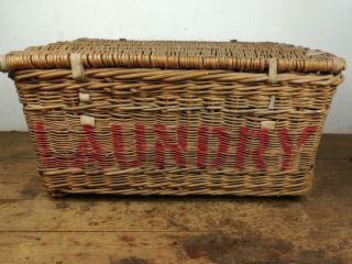 Vintage Wicker Swanage Laundry Basket leather straps Logs Storage 3