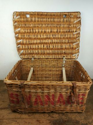 Vintage Wicker Swanage Laundry Basket leather straps Logs Storage 8