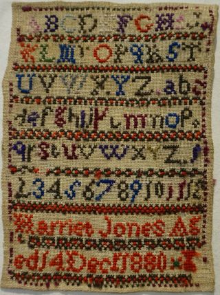 Small Late 19th Century Alphabet Sampler By Harriet Jones Age 14 - December 1880