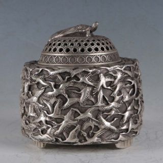 Tibetan Silver Hand Carved Thousand Crane Incense Burner W Qianlong Marks