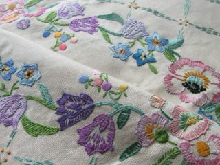 Vintage Hand Embroidered Linen Tablecloth - Pretty Colourful Floral 
