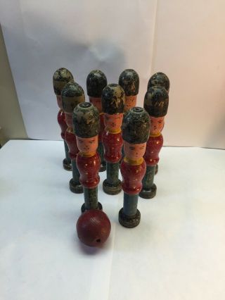 Old Unusual Wooden Skittles Soldiers Game Handpainted Rare L@@k