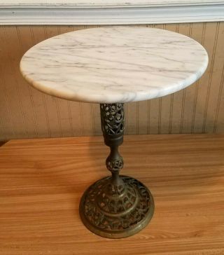 Vintage 17.  5 " Tall Marble Top Plant Stand/end Table With Brass Stand & Base