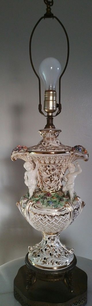 Old Capodimonte Porcelain Lamp Gold Flowers Angels Cupids 33 " Tall