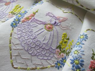 Vintage Hand Embroidered Linen Tablecloth - CRINOLINE LADIES & FLORAL ' S 2