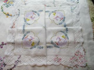 Vintage Hand Embroidered Linen Tablecloth - CRINOLINE LADIES & FLORAL ' S 3