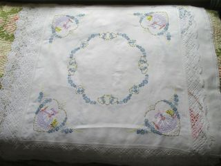 Vintage Hand Embroidered Linen Tablecloth - CRINOLINE LADIES & FLORAL ' S 4