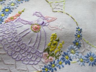 Vintage Hand Embroidered Linen Tablecloth - CRINOLINE LADIES & FLORAL ' S 5