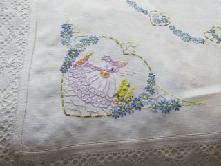 Vintage Hand Embroidered Linen Tablecloth - CRINOLINE LADIES & FLORAL ' S 6
