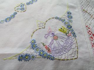Vintage Hand Embroidered Linen Tablecloth - CRINOLINE LADIES & FLORAL ' S 7