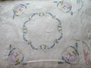 Vintage Hand Embroidered Linen Tablecloth - CRINOLINE LADIES & FLORAL ' S 8