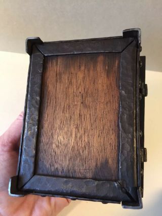 Vintage Arts & Crafts Dark Hammered Bronze Metal & Wood Box - ‘Straps’,  Rivets 7