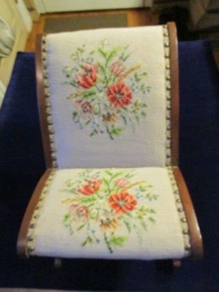 Vintage Wooden Child Or Doll Rocking Chair With Floral Needlepoint Upholstery F
