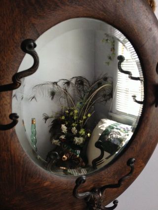 Antique Round Dark Wood Mirror With 3 Double Hooks & Beveled Mirror - 1920 Era