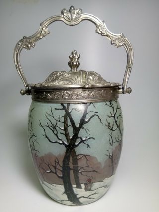 Antique French Enameled Glass Silver Plated Lid Candy Cookie Jar Basket 19th C