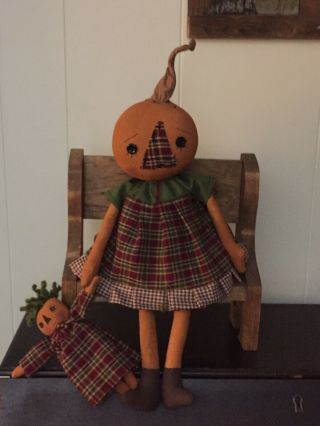 Primitive Folk Art Raggedy Ann Doll Petunia Pumpkin With Her Dolly