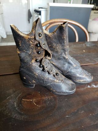 Cute Antique Victorian Childrens Button Up Boots Shoes Kid Leather Doll