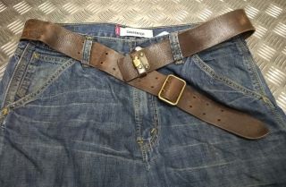 Vintage Military Issued Leather Trouser Belt & Brass Double Prong Buckle