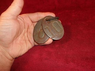 Antique 5 & 10 Brass 3 " Cow Tags,  Dug On A Old Farm Site In Central Mo.