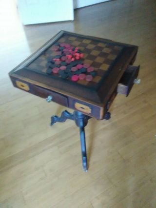 Vintage/antique Checker Board Chess Table.  Wood With Bronze