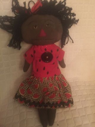 Primitive Folk Art Handmade Raggedy Ann Doll In Watermelon Dress 14”