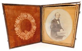 Antique Unusual Tooled Leather Case Folding Frame W.  Mini Portrait Inside - S79