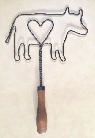Vintage " Cow & Heart " Small 13 " Wire Rug Beater W/wood Handle
