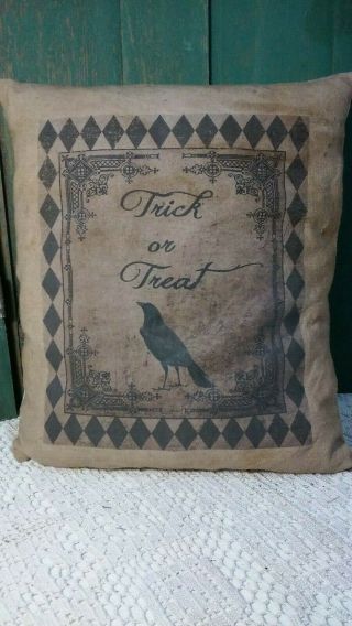 Primitive Vintage Halloween Black Crow Trick Or Treat Pillow Homestead Gothic