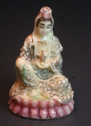 Japanese Ivory Color Bone Netsuke - Kwan Yin Female Buddha Of Mercy Lotus Stand