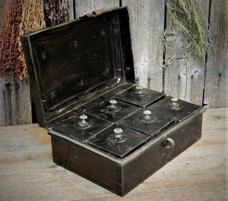 Early Antique Primitive Tin Spice Storage Pantry Box W/6 Tins Aafa
