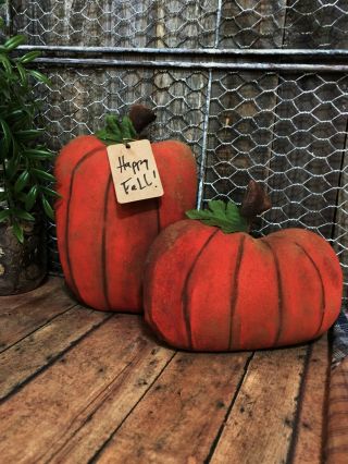 Primitive Set Of 2 Pumpkin Shelf Sitters Fall Fabric Country Old Rusty Doll