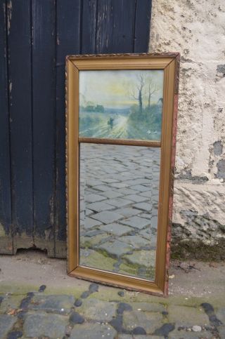 Edwardian Antique Gold Hall Mirror With Picture Top And Distressed Gilded Frame