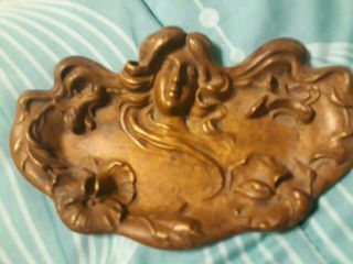 Bronze Brass Art Nouveau Figural Ladies Face Tray Ash Or Soap 7 "