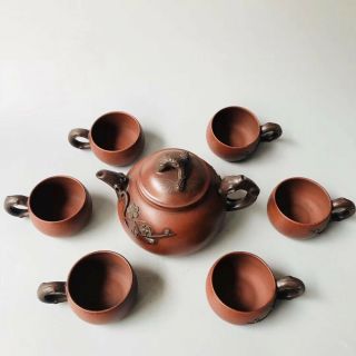 Chinese Exquisite Yixing Zisha Teapot&cups Handmade Carved Flower 400cc Zsh012
