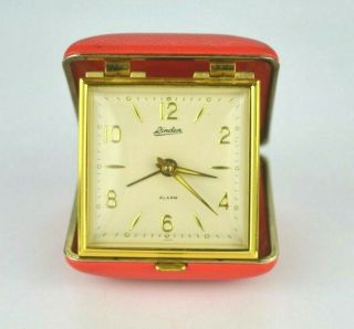 Vintage Linden Travel Alarm Clock Wind Up Red Pink Strawberry? Snap Close Case