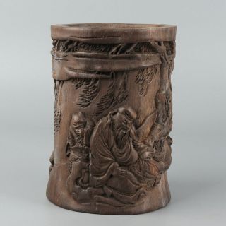 Chinese Exquisite Hand Carved Figure Carving Wood Brush Pot