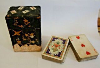 Antique Black Lacquer Shibayama Covered Playing Card Case With 2 Decks Of Cards