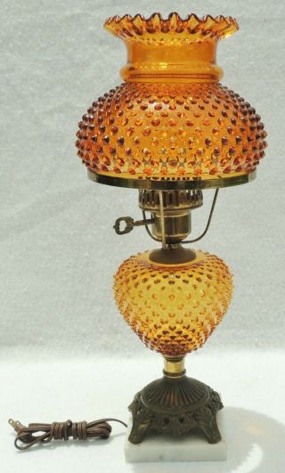 Antique/vtg Amber Glass Hobnail Gone With The Wind Gwtw Marble Base Table Lamp