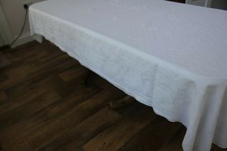 White Linen Damask Large Oblong Banquet Tablecloth Vintage 108 " X 64 "