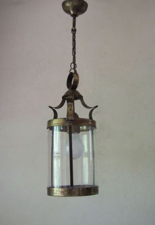 Antique French Brass And Round Glass Lantern Chandelier Hall Light