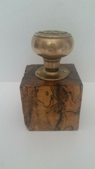 Vintage Brass Doorknob With Raised Letters R,  K,  C On Exotic Wooden Block