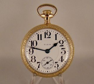 Antique Elgin " Veritas " 23j 14k Gold Filled Open Afce 18s Railroad Pocket Watch