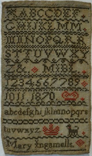 Very Small Mid/late 19th Century Alphabet Sampler By Mary Ingamells - 1870