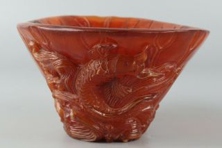Chinese Exquisite Hand - carved fish crab carving OX horn bowl 5