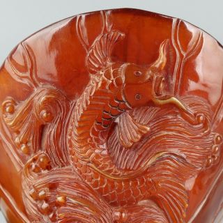 Chinese Exquisite Hand - carved fish crab carving OX horn bowl 6
