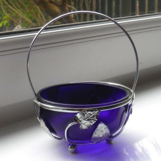 Retro Plated Basket Bristol Blue Coloured Glass Bowl/liner - Fixed Handle