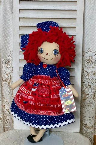 Primitive Raggedy Ann Doll Patriotic Americana With Apple Pie Ornie Shelf Sitter