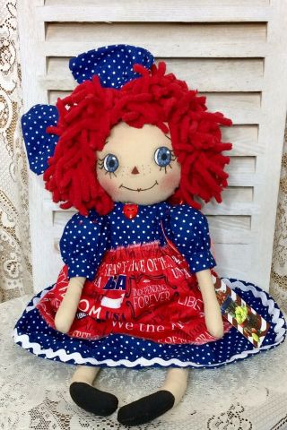 Primitive Raggedy Ann Doll Patriotic Americana With Apple Pie Ornie Shelf Sitter 4
