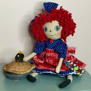 Primitive Raggedy Ann Doll Patriotic Americana With Apple Pie Ornie Shelf Sitter 8